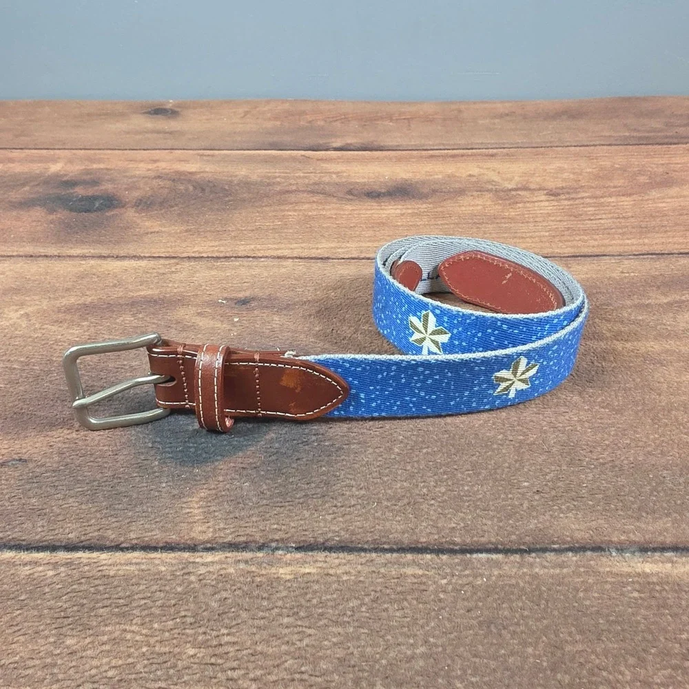 Peter Millar Canvas Belt Mens 40 Blue Good Embroidered Leather Trim